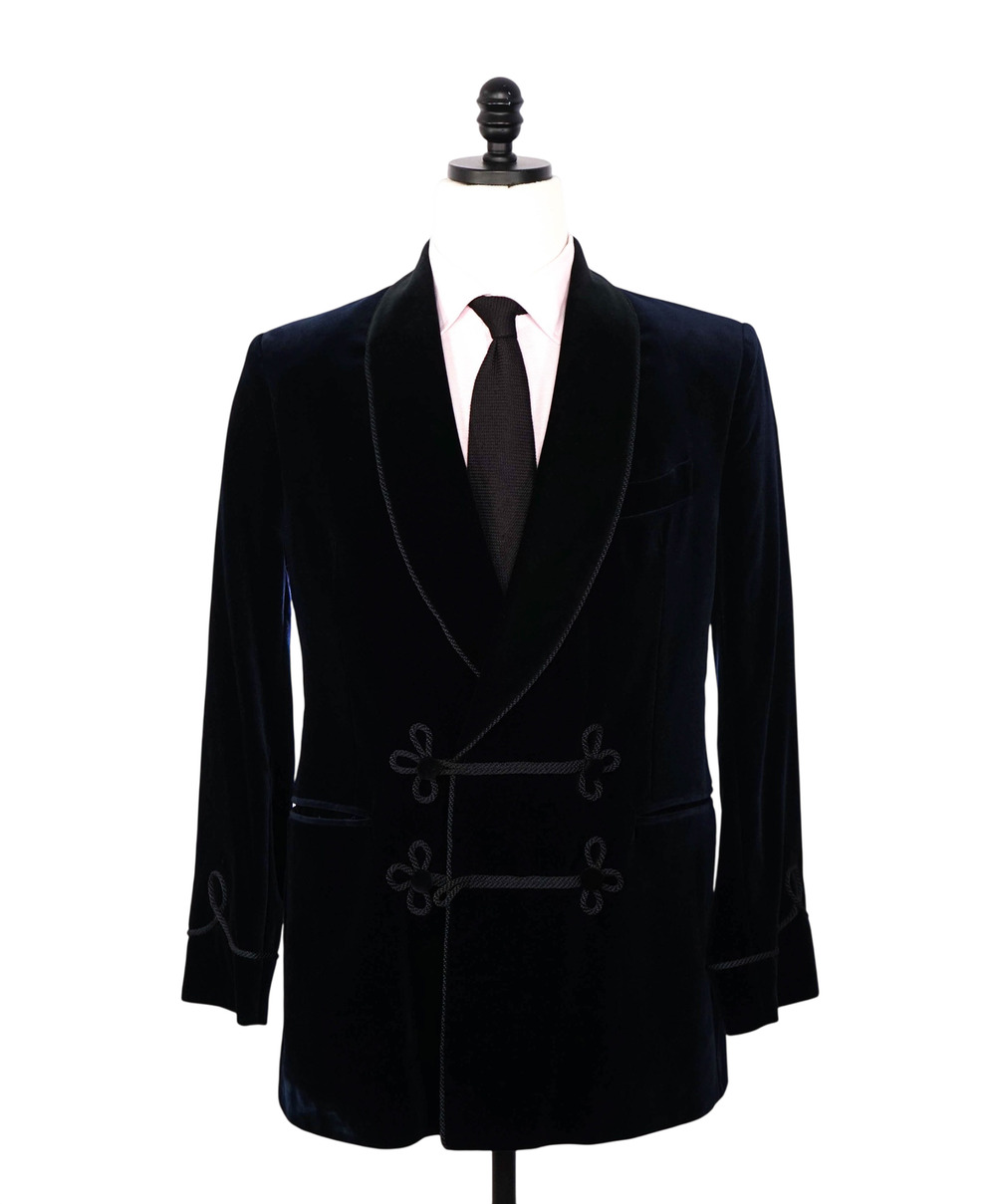 $1,712 FAVOURBROOK - Navy Velvet Double Breasted Smoking Jacket - 38